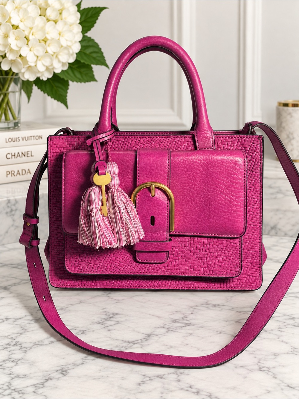 Fossil purple pink  Leather Top-Handle Satchel with Tassel Charm